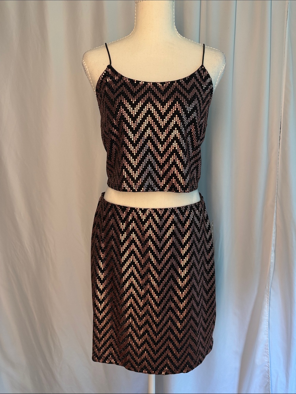 Sequin Chevron Crop Top & Skirt Set in Black and Rose Gold